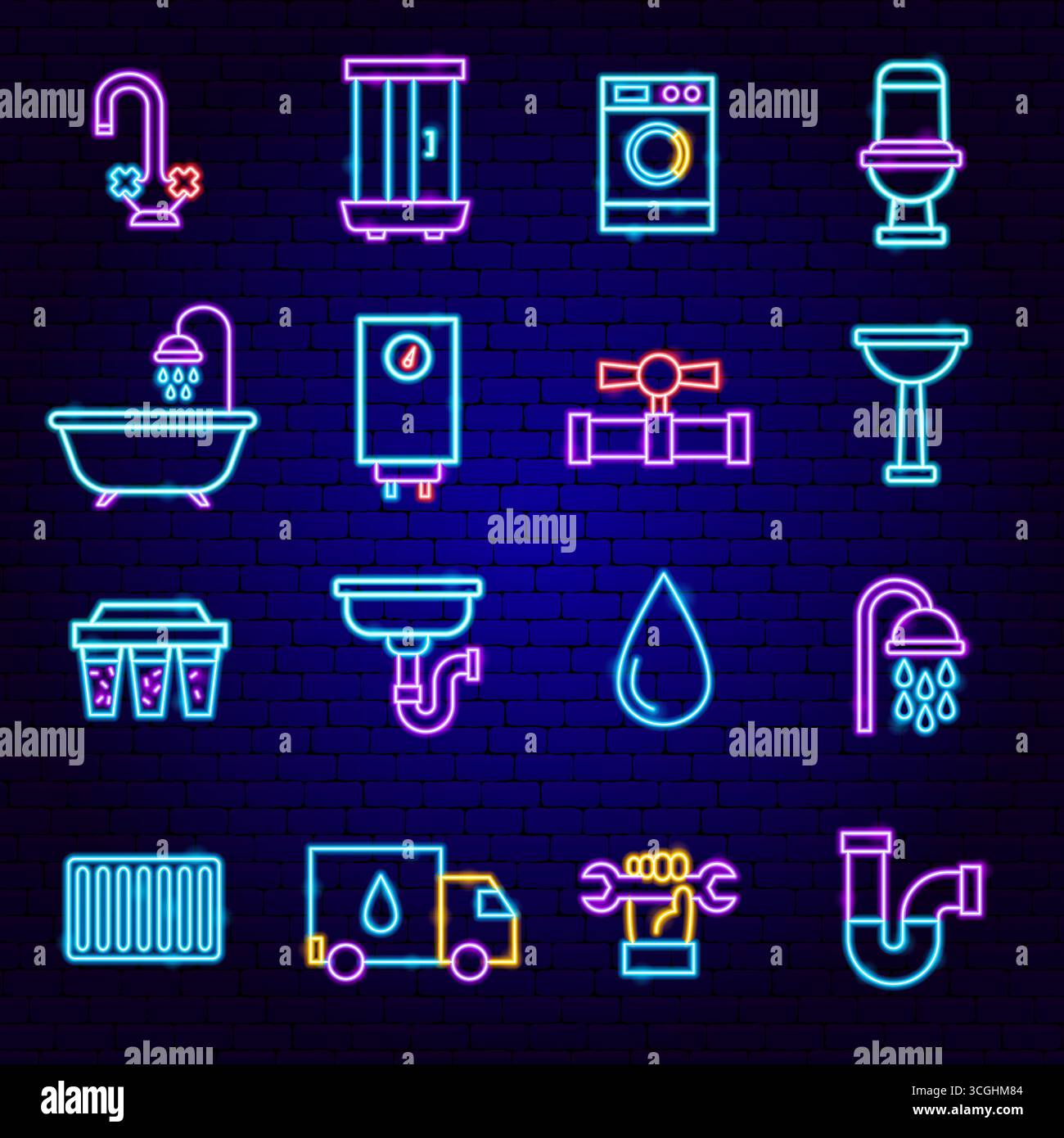 Plumbing Neon Icons Set Stock Vector
