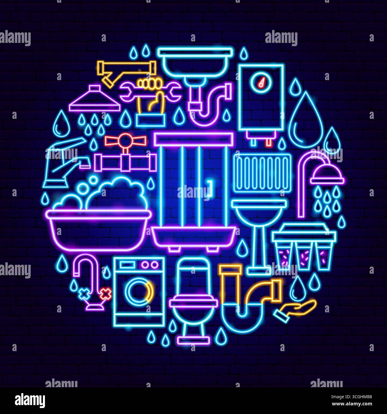 Plumber Neon Icons Circle Concept Stock Vector
