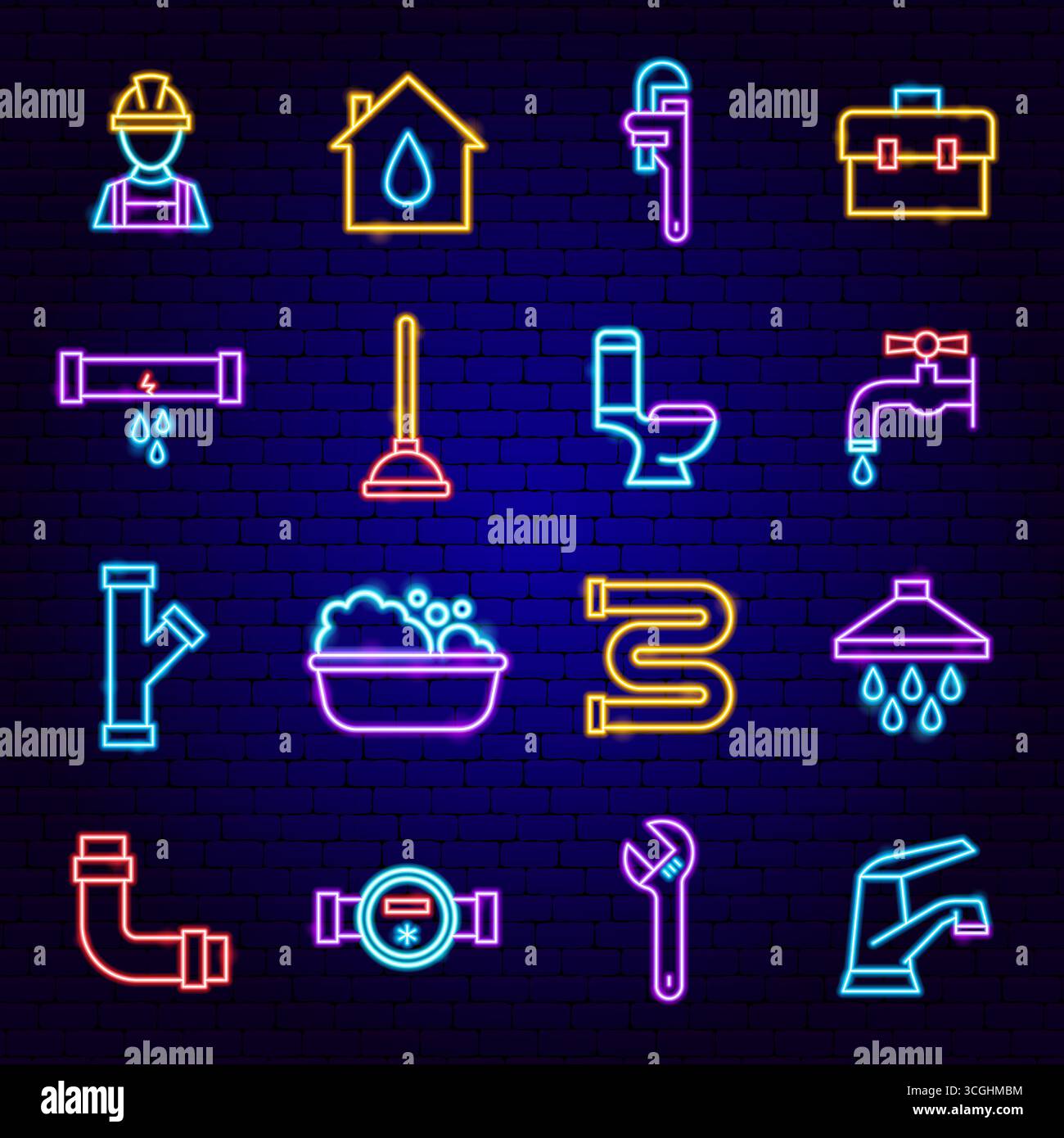Plumber Neon Icons Set Stock Vector