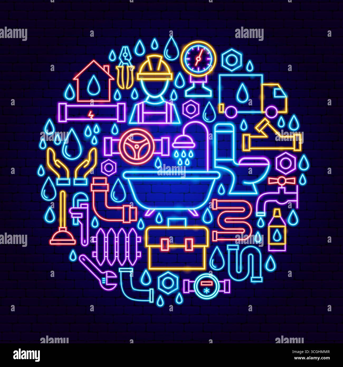 Plumber Neon Icons Circle Concept Stock Vector