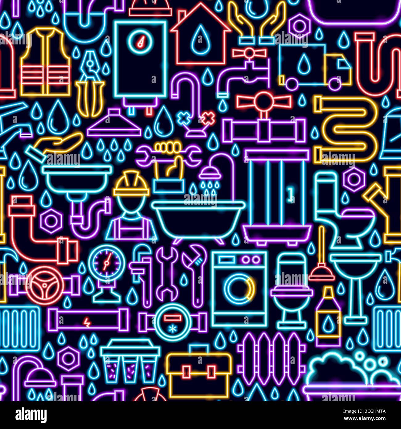 Plumbing Seamless Neon Pattern Stock Vector