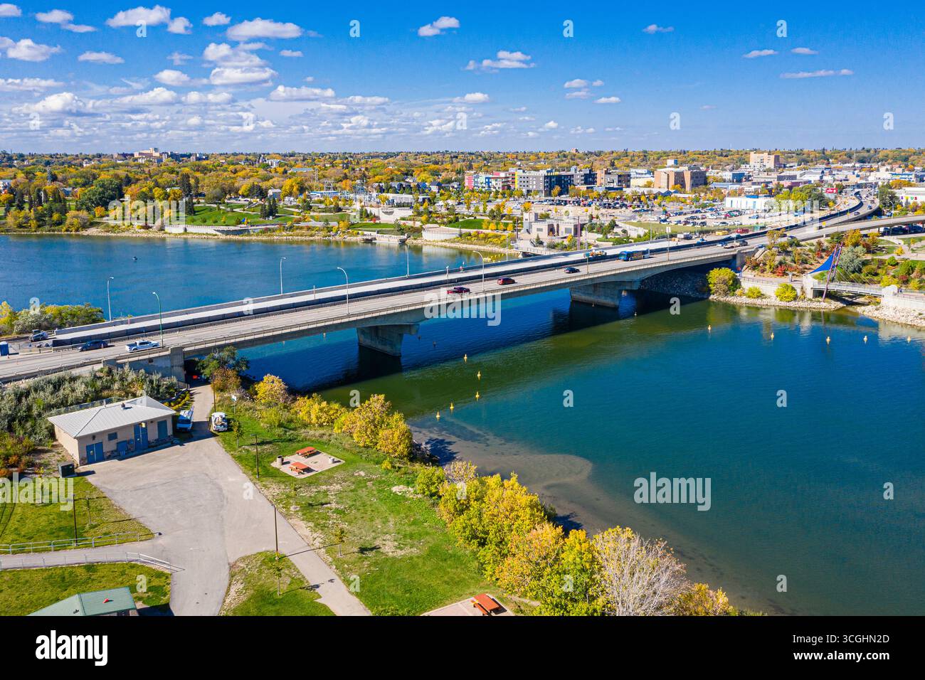 The Buckwold Bridge stretches across the South Saskatchewan River, linking downtown Saskatoon with the city’s east side. Stock Photo