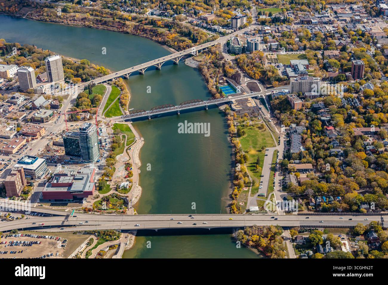 The Buckwold Bridge stretches across the South Saskatchewan River, linking downtown Saskatoon with the city’s east side. Stock Photo