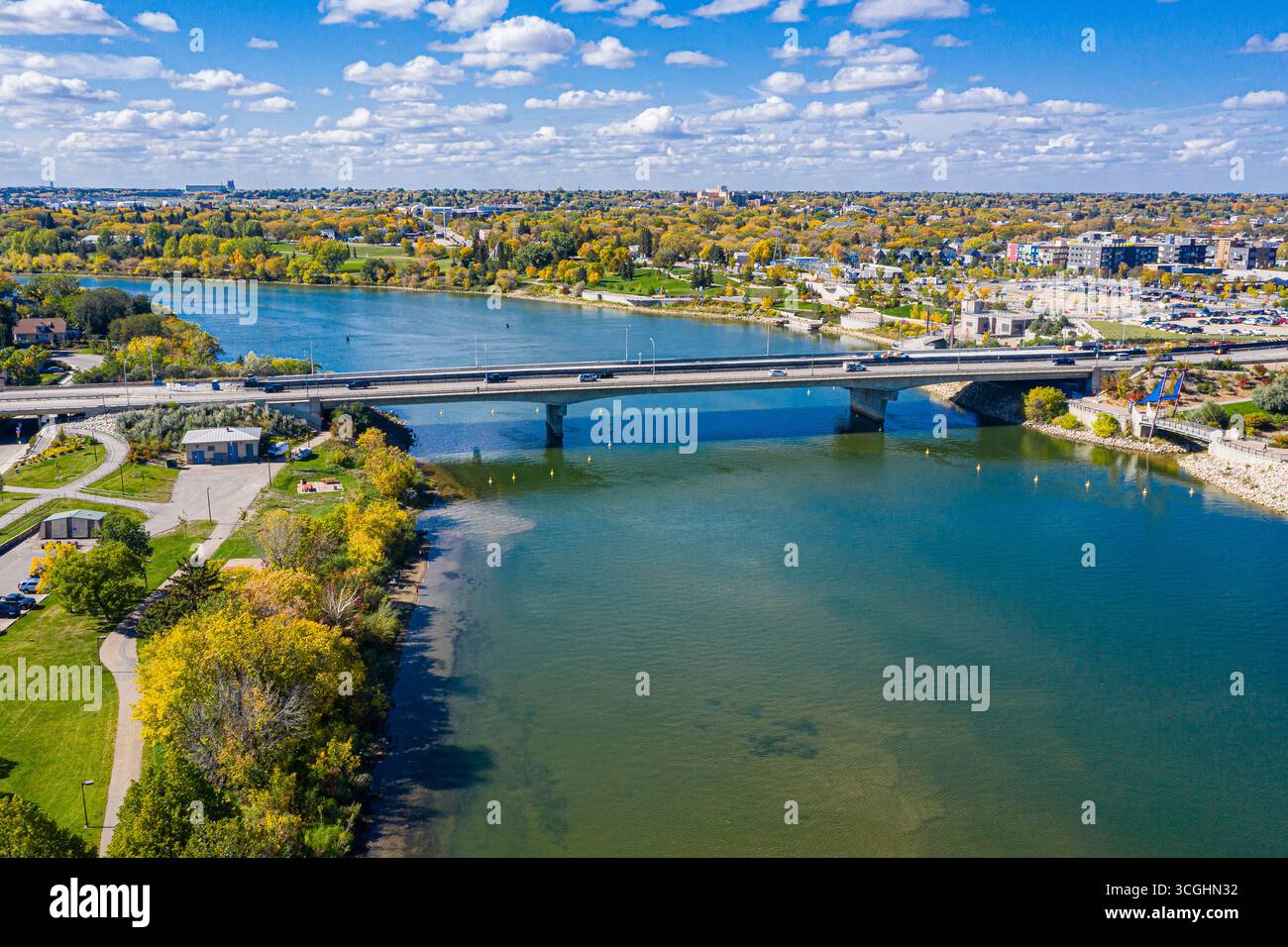 The Buckwold Bridge stretches across the South Saskatchewan River, linking downtown Saskatoon with the city’s east side. Stock Photo