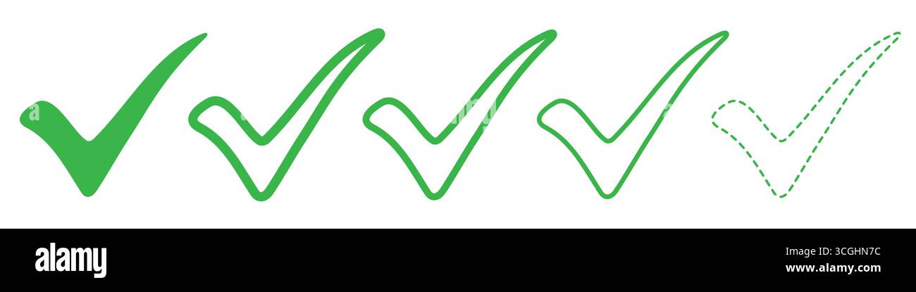 Set of green check marks in various styles: solid, outline, and dashed. Vector illustration. Stock Vector