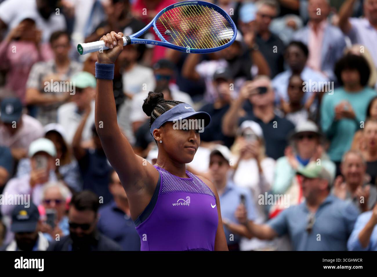 Flushing Meadows, New York, USA. 28th Aug, 2025. Number 23 seed Naomi Osaka acknowledges the crowd after her second round victory against Hailey Baptiste of the United States at the US Open. Credit: Adam Stoltman/Alamy Live News Stock Photo