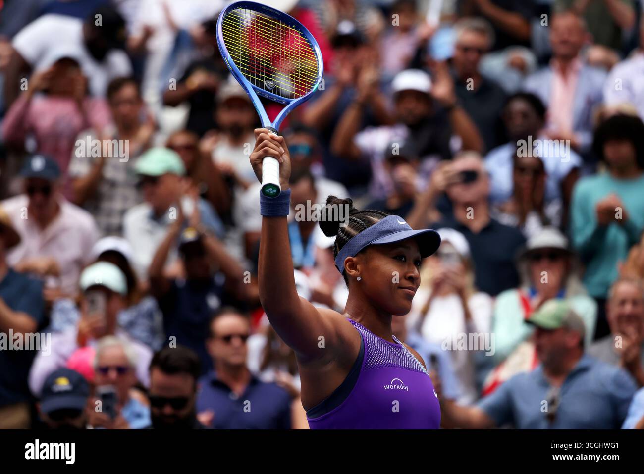 Flushing Meadows, New York, USA. 28th Aug, 2025. Number 23 seed Naomi Osaka acknowledges the crowd after her second round victory against Hailey Baptiste of the United States at the US Open. Credit: Adam Stoltman/Alamy Live News Stock Photo