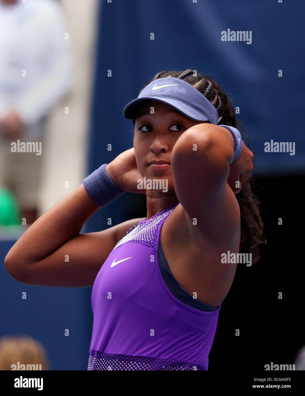 Flushing Meadows, New York, USA. 28th Aug, 2025. Number 23 seed Naomi Osaka casts a look back to her box and supporters after her second round victory against Hailey Baptiste of the United States at the US Open. Credit: Adam Stoltman/Alamy Live News Stock Photo