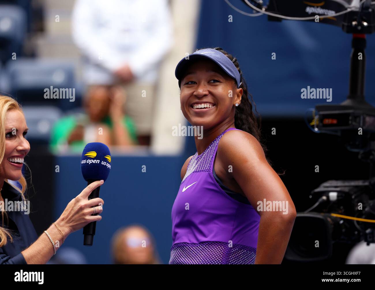 Flushing Meadows, New York, USA. 28th Aug, 2025. Number 23 seed Naomi Osaka smiles towards her box and supporters after her second round victory against Hailey Baptiste of the United States at the US Open. Credit: Adam Stoltman/Alamy Live News Stock Photo