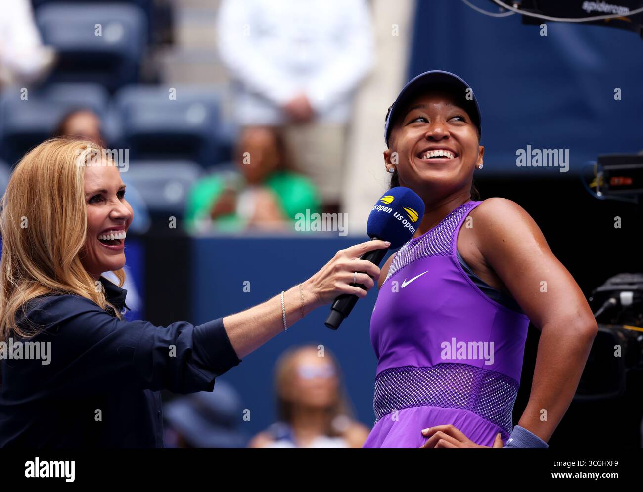 Flushing Meadows, New York, USA. 28th Aug, 2025. Number 23 seed Naomi Osaka smiles towards her box and supporters after her second round victory against Hailey Baptiste of the United States at the US Open. Credit: Adam Stoltman/Alamy Live News Stock Photo