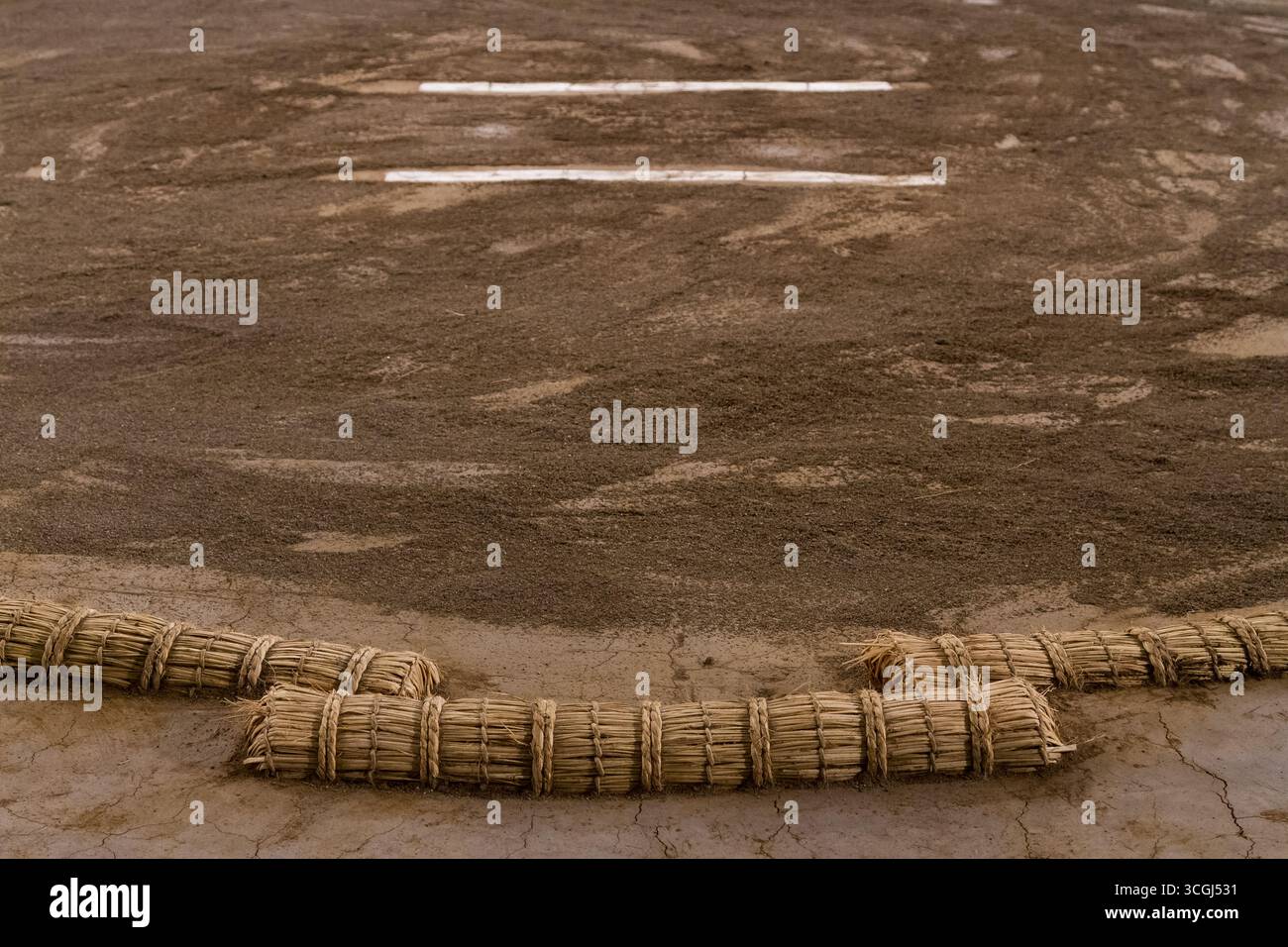 Detail shot of a sumo ring or dohyo showing the shikiri-sen lines in the centre and tawara or rice bails buried in the mud to mark the diameter. Japan Stock Photo