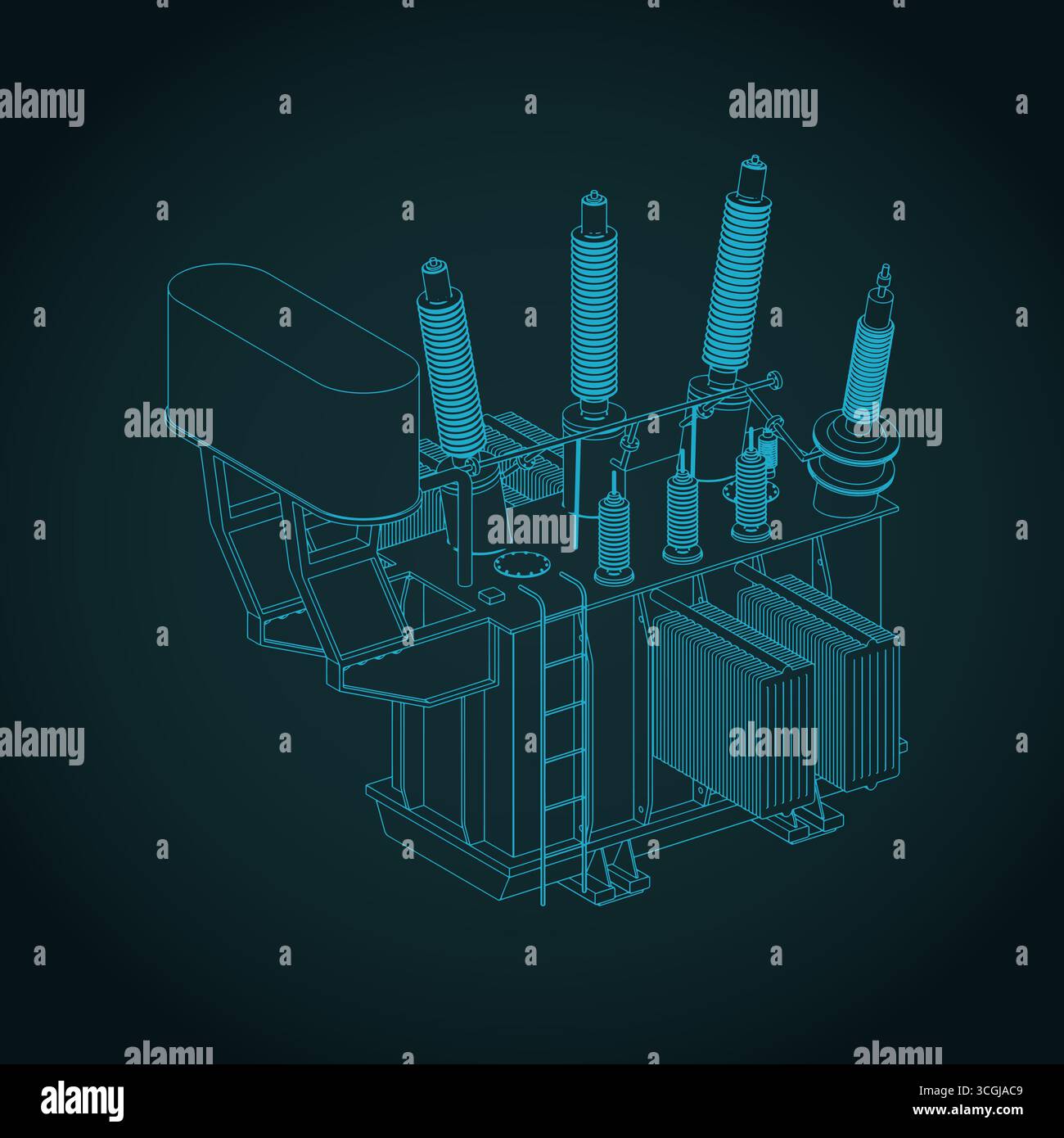 Distribution transformer isometric blueprint stylized vector illustration Stock Vector