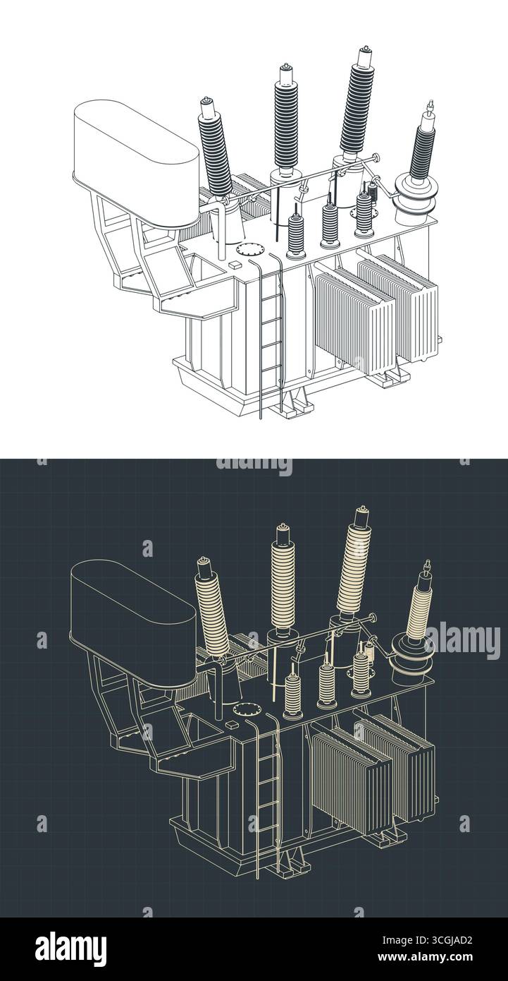 Distribution transformer isometric blueprints stylized vector illustrations Stock Vector