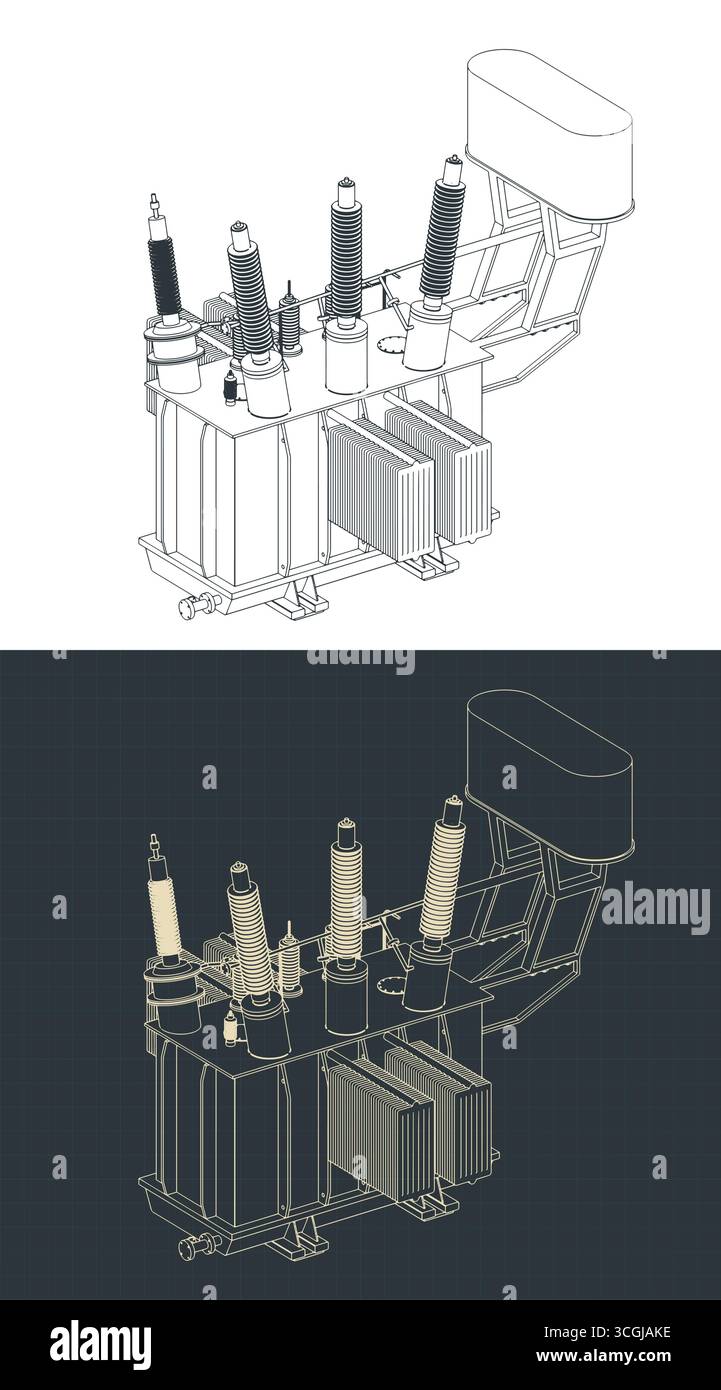 Distribution transformer isometric blueprints stylized vector illustrations Stock Vector