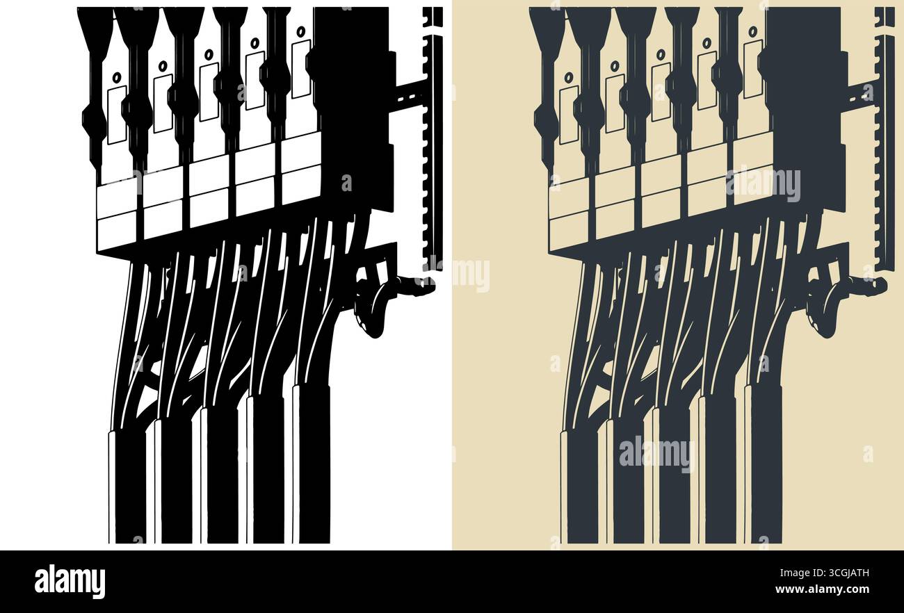 High voltage cables and power cable distribution rack close-up stylized vector illustrations Stock Vector