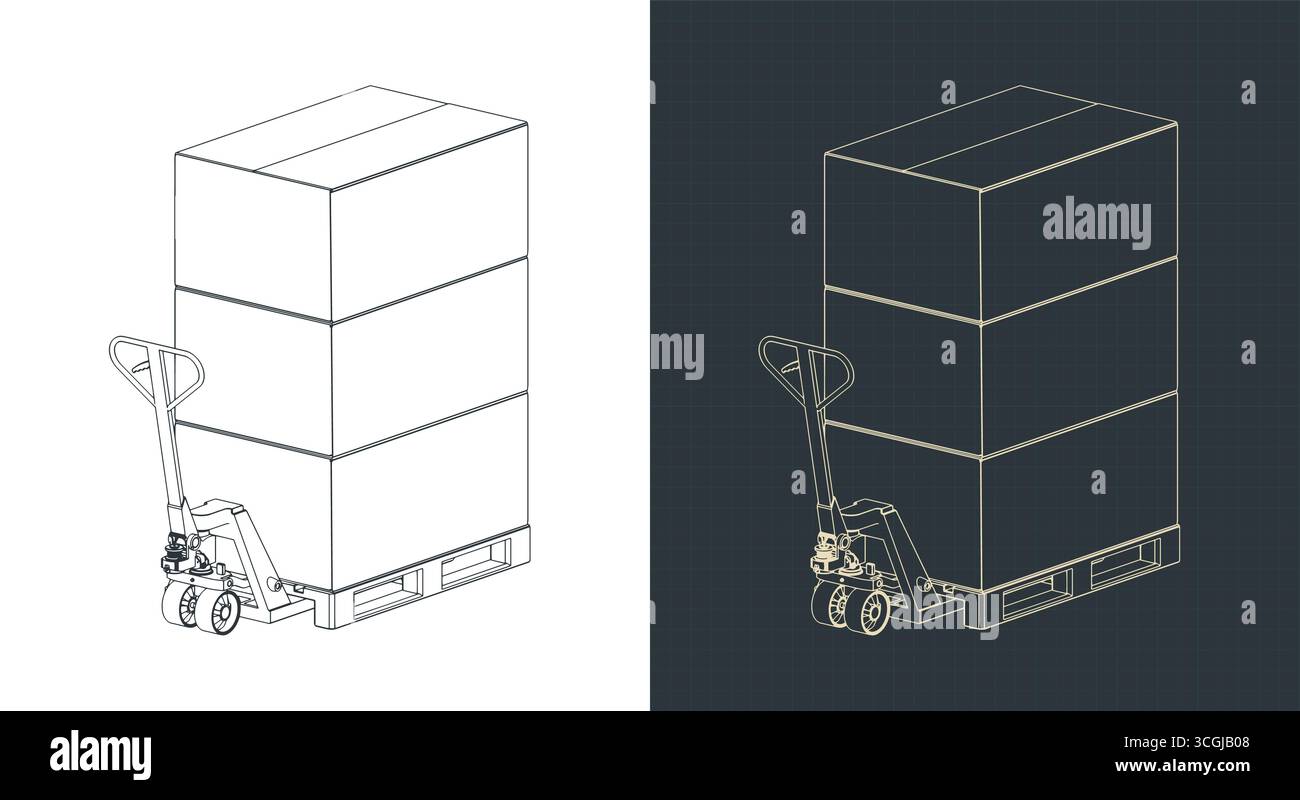 Pallet jack with cardboard boxes on pallets isometric  blueprints illustrations Stock Vector