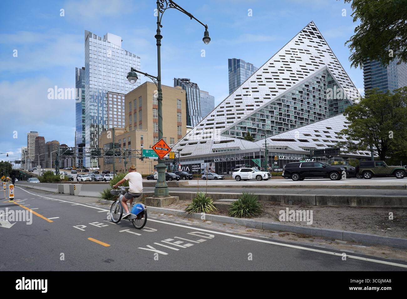 Via 57 West, an innovative pyramid shaped apartment building on Manhattan's west side overlooking the Hudson River bike trail Stock Photo