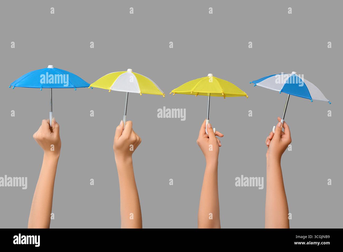 Female hands with different mini umbrellas on grey background Stock Photo