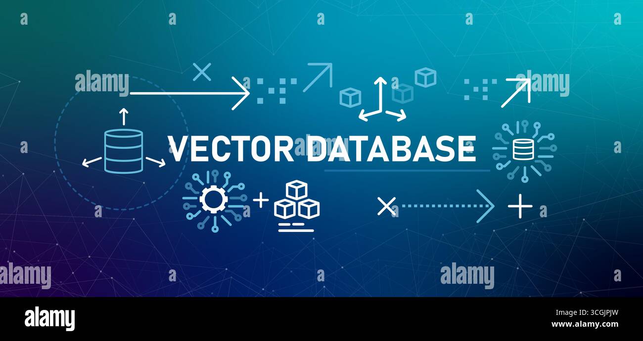 Vector Database graphic banner illustration interconnected cubes with directional arrows specialized database type used to store and query data points Stock Vector