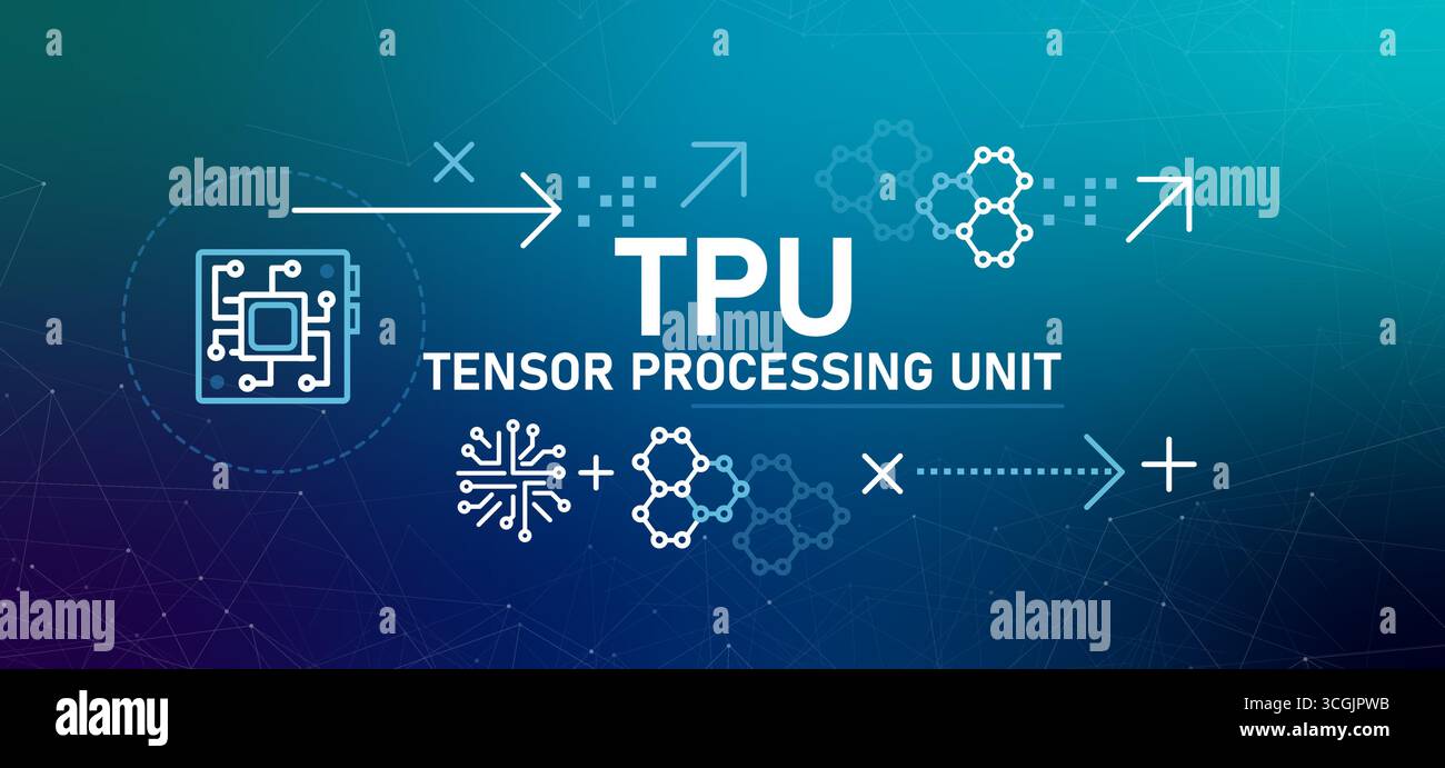 Tensor Processing Unit TPU microchip with an integrated circuit specialized processor to accelerate machine learning for deep learning tasks and Stock Vector