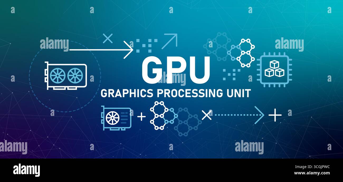 Graphics Processing Unit GPU illustration with icons microchip hardware accelerating the processing of parallel tasks for machine learning gaming and Stock Vector