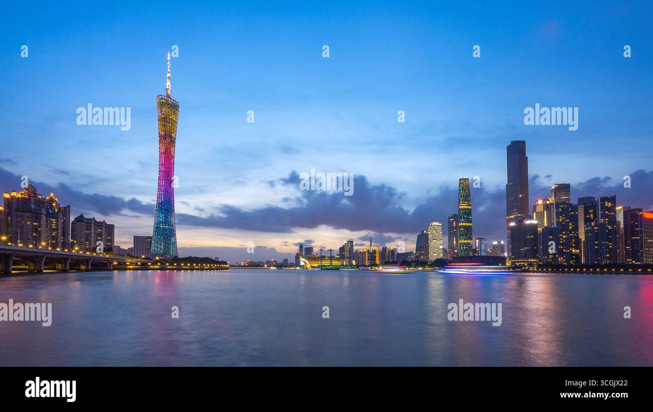 Guangzhou China buildings tower over Pearl River New City. Stock Photo
