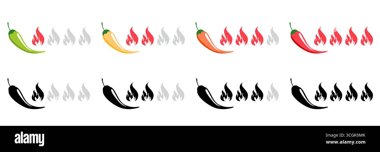 Chili heat level icon set for spicy food labels with pepper scale ...