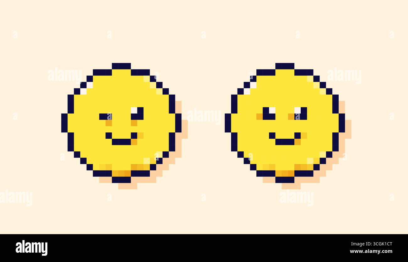 8-bit pixel art two yellow smileys. Stock Vector