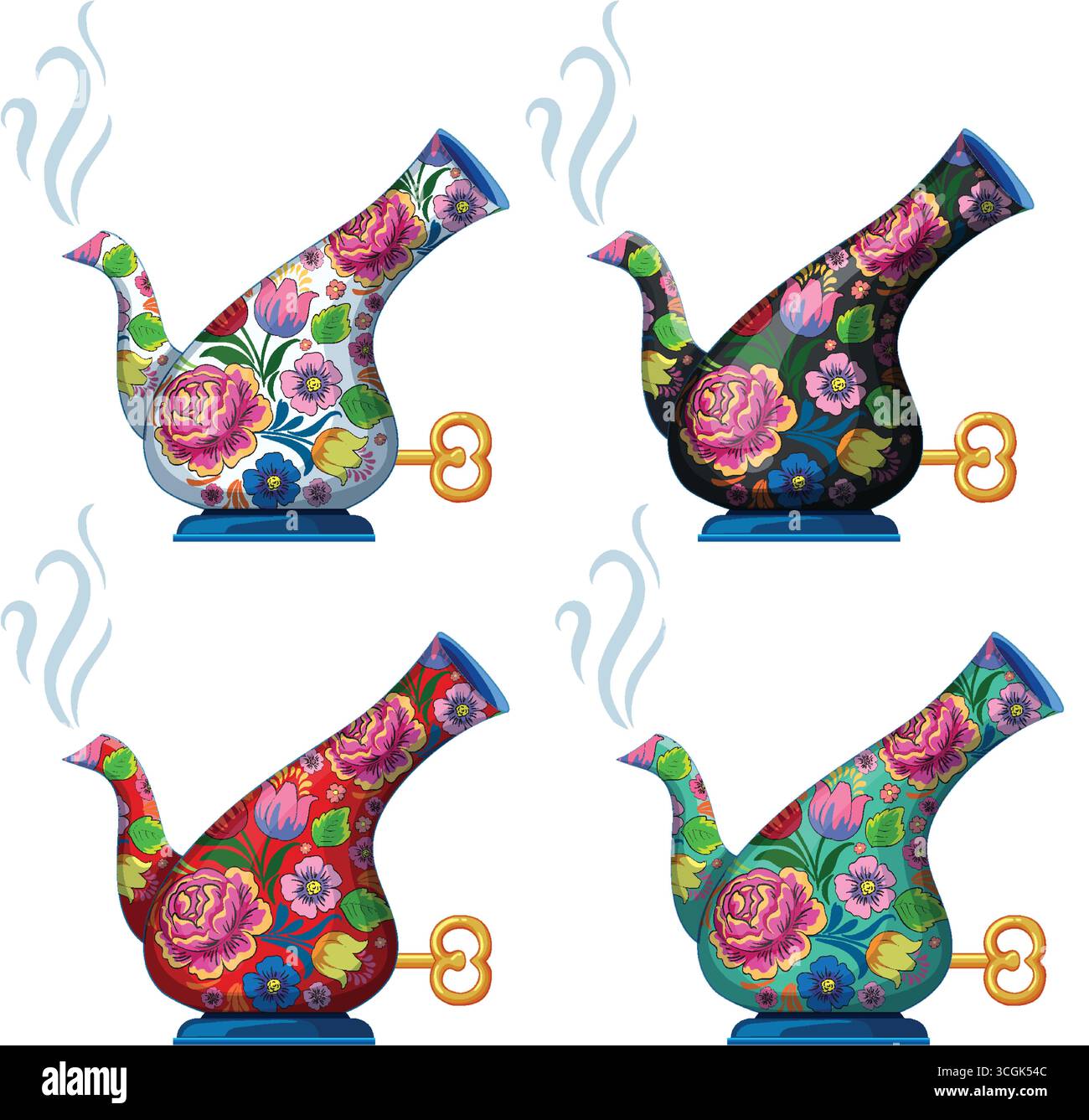 Colorful vector teapots shaped like birds with floral patterns, steam, and wind-up keys. Stock Vector