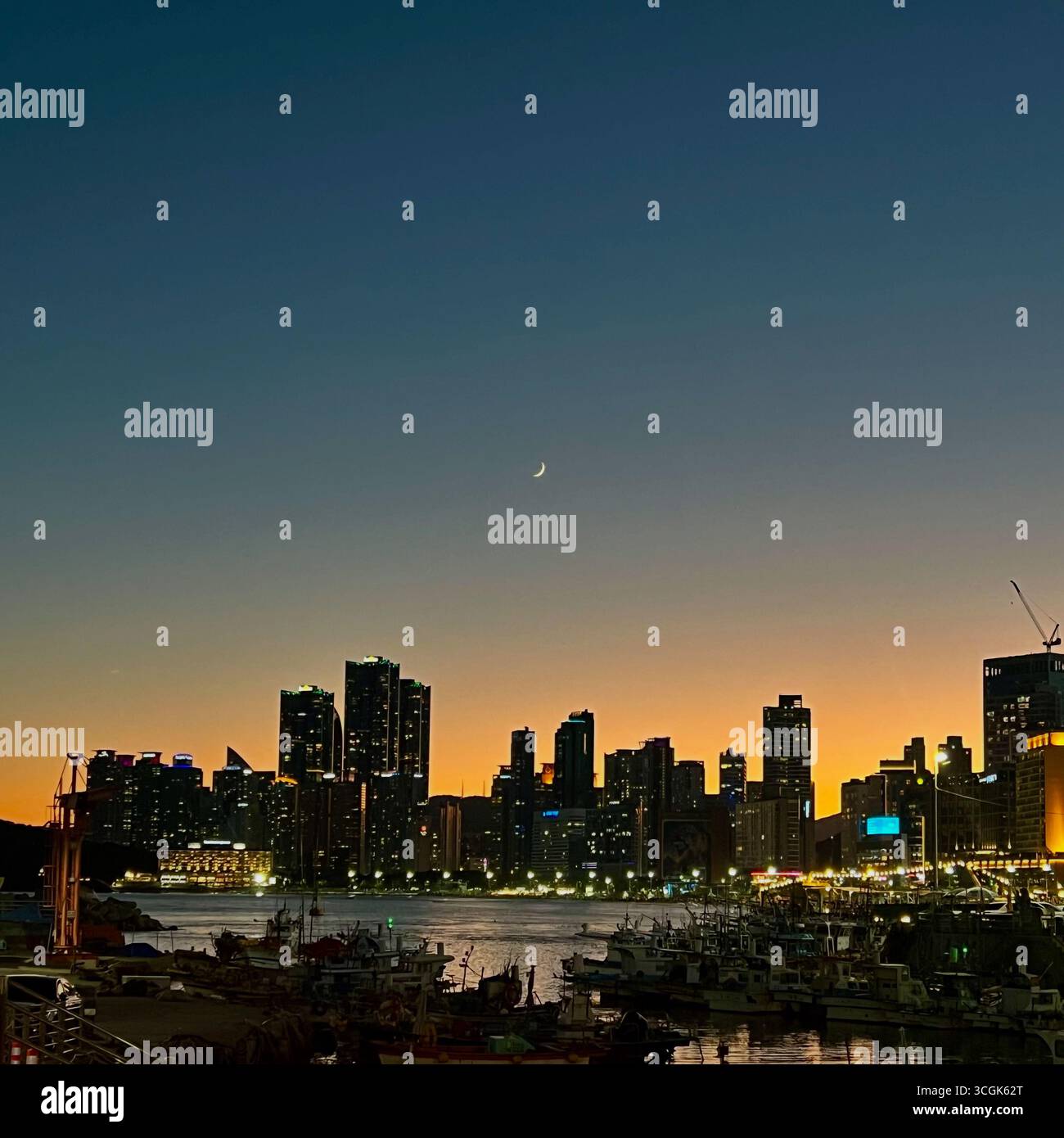 Night view of Haeundae skyline in Busan, South Korea, with city lights shining over the sea as seen from Mipo breakwater. - Smartphone Captured Stock Image