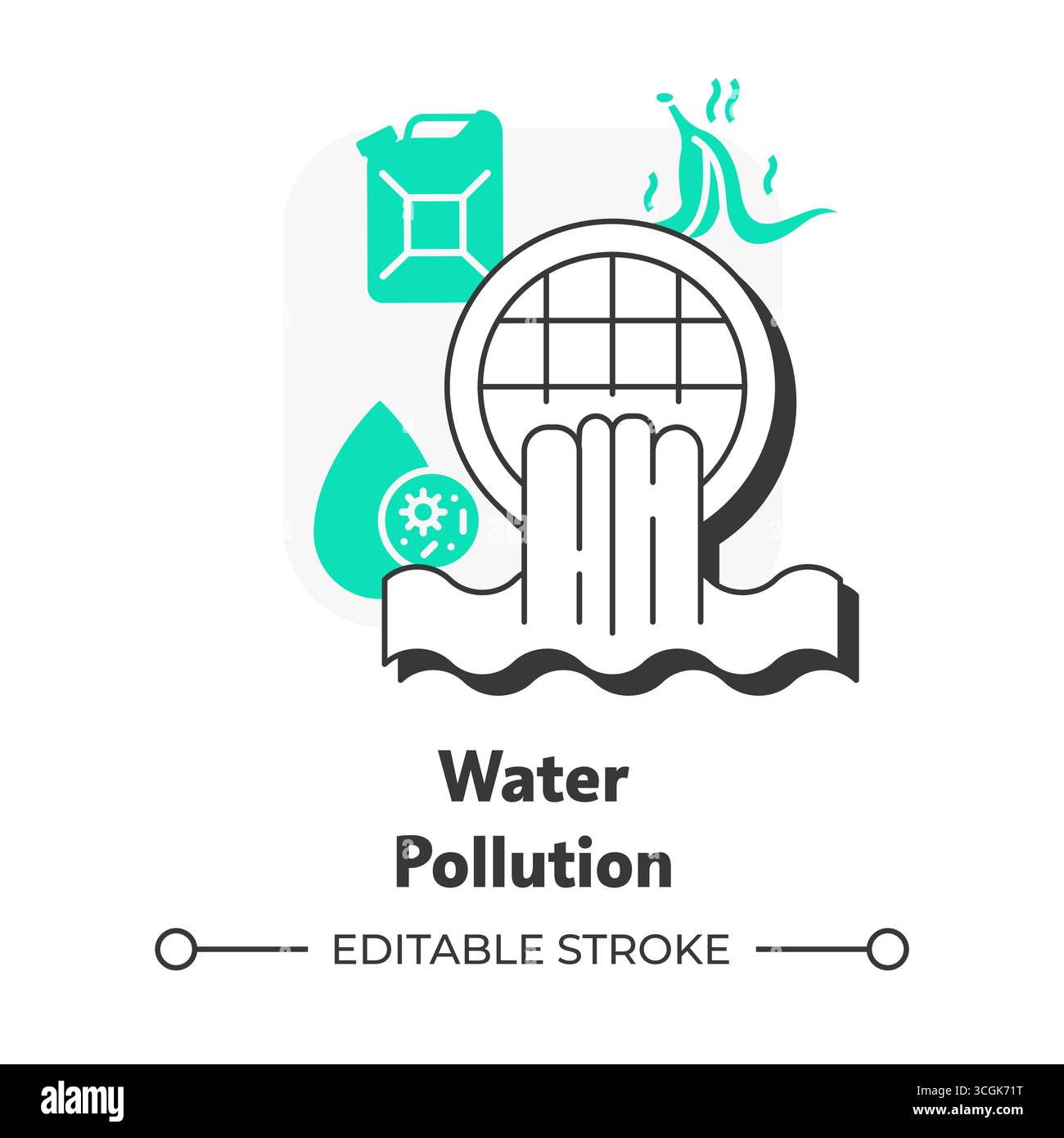 Water pollution flat outline concept icon Stock Vector