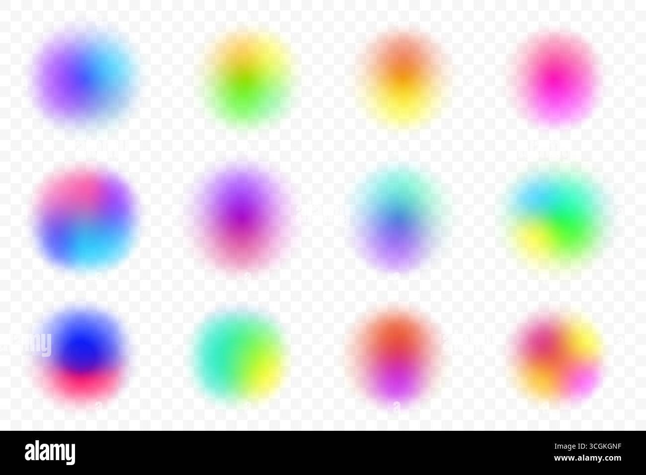 Gradient blurred circle shapes. Colored fluid liquid elements. Soft light vector holographic elements on white background. Round blobs with neon aura Stock Vector