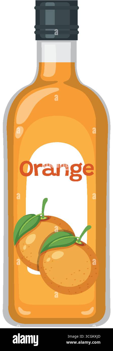 Vector bottle filled with orange juice, labeled, featuring two oranges, clean flat design style Stock Vector