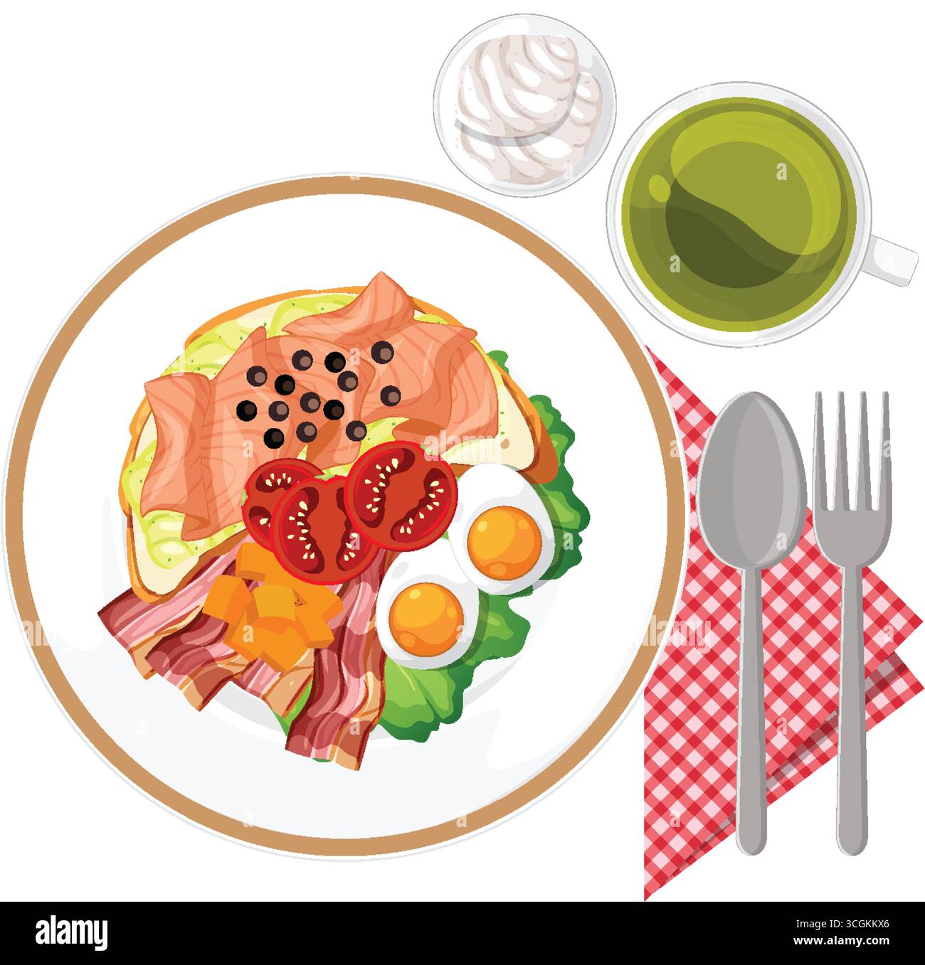 Vector illustration of breakfast plate with eggs, bacon, vegetables ...
