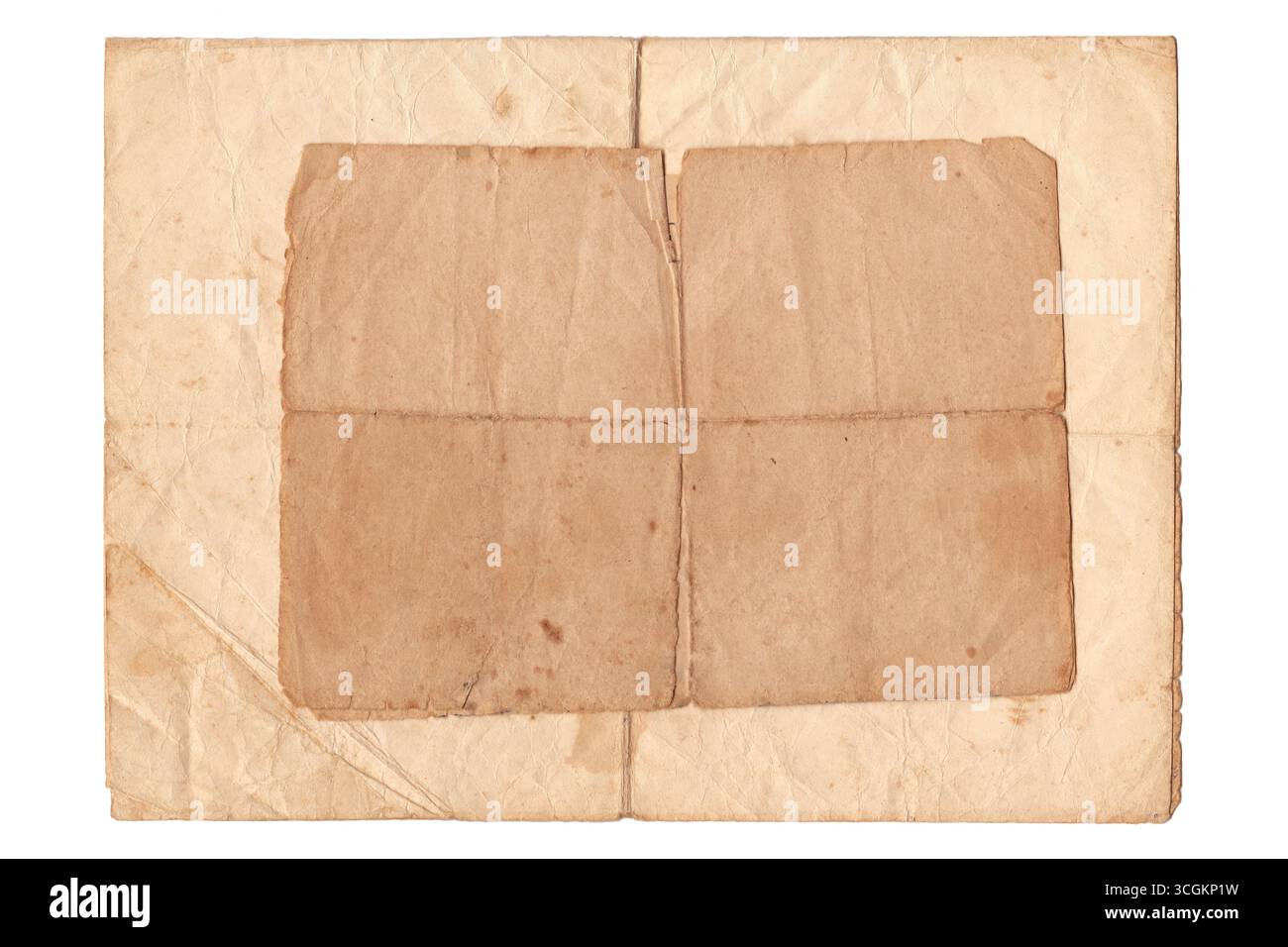 Vintage overlapping Antique Papers. Two Aged Stained Sheets, Folded Pages and Retro Textures, Top View Isolated on White Background Stock Photo