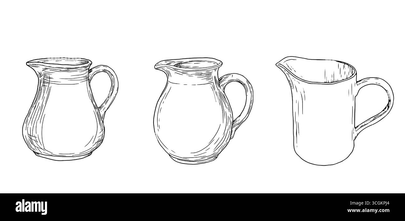 Ceramic jug for water or milk, sketch in black and white ink. Vector illustration. A decanter with a handle for the bathroom. A set of household utens Stock Vector