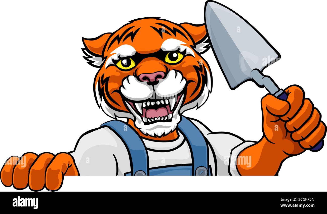 Tiger Bricklayer Builder Holding Trowel Tool Stock Vector
