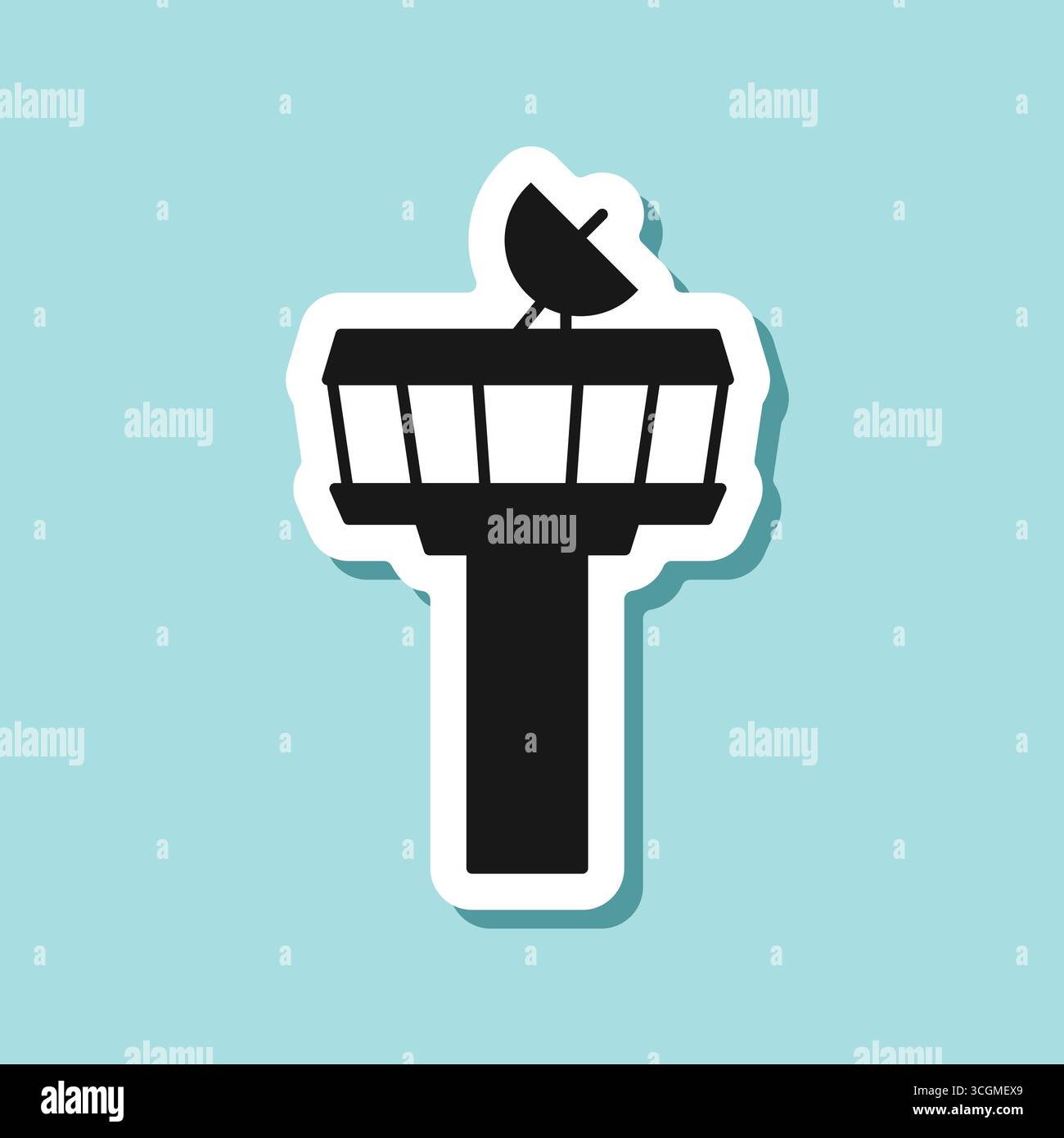 Flight control tower sticker icon in flat style. Navigation monitor ...