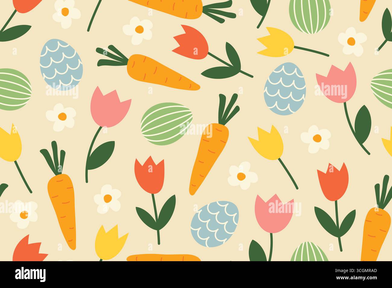 seamless pattern with carrots, easter eggs, tulips and daisies; easter, spring background- vector illustration Stock Vector