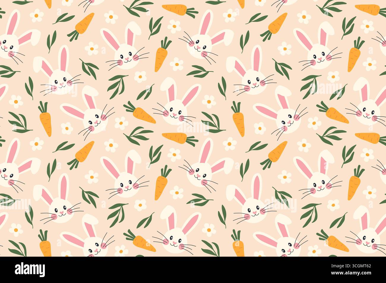 seamless easter pattern with rabbits, carrots and flowers - vector illustration Stock Vector