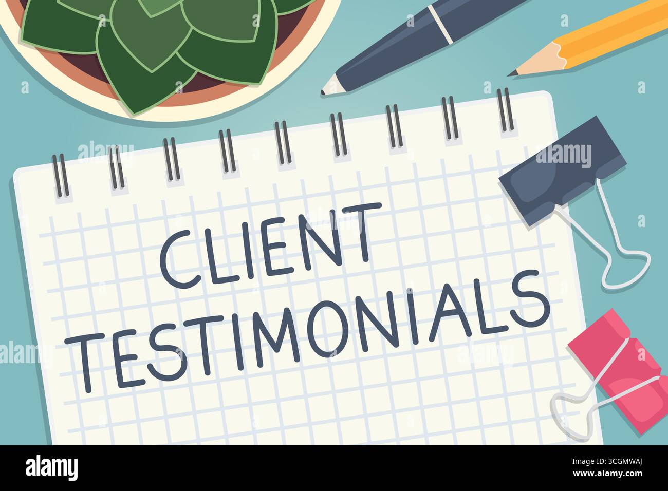 client testimonials text on a spiral notebook, flat lay composition - vector illustration Stock Vector