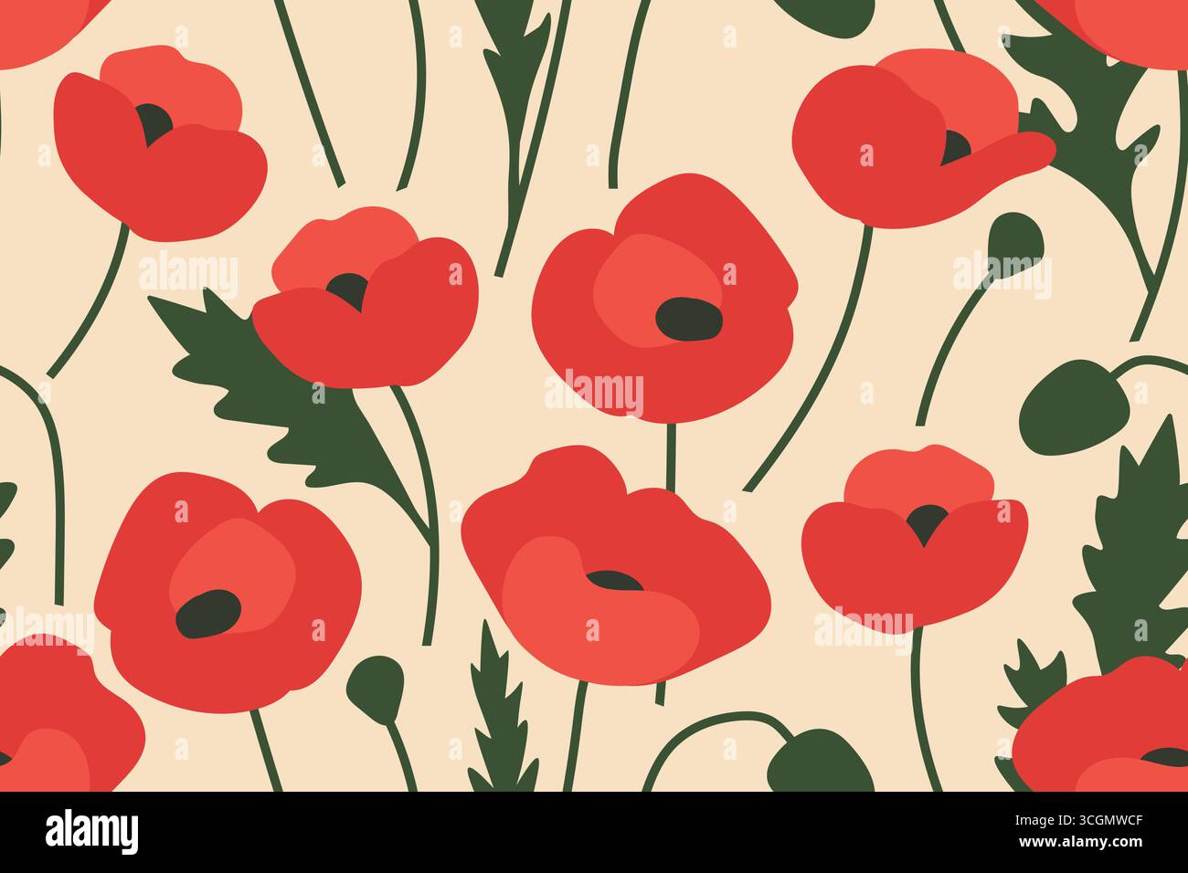 seamless pattern with red poppy flowers- vector illustration Stock Vector