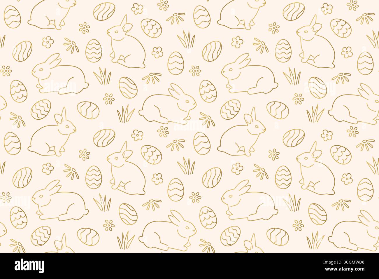 golden seamless Easter pattern with bunnies, flowers and eggs- vector illustration Stock Vector