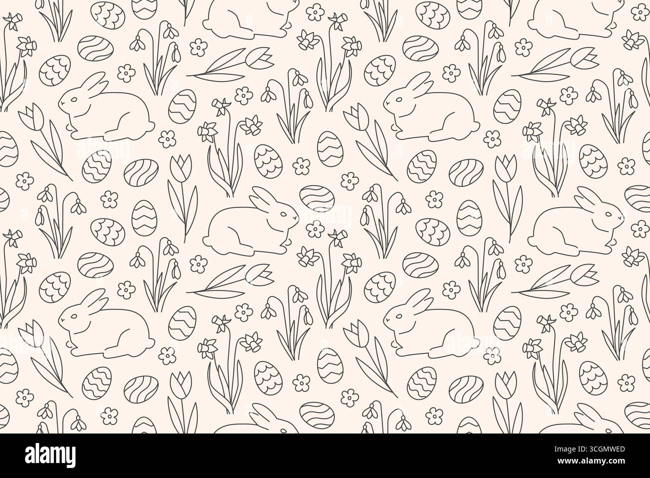 seamless Easter pattern with bunnies, spring flowers and eggs- vector illustration Stock Vector