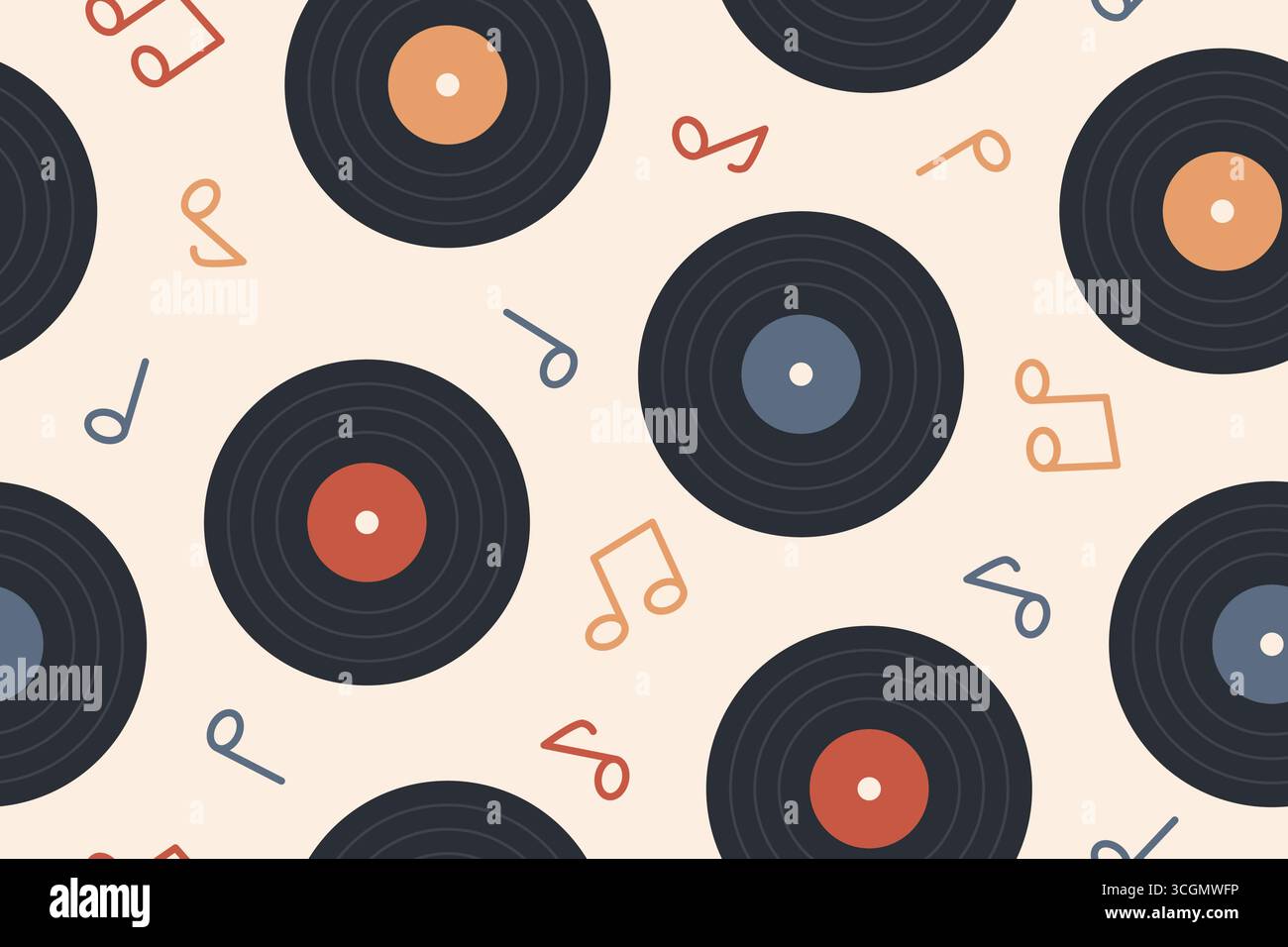 seamless pattern with music notes and vinyl records- vector illustration Stock Vector