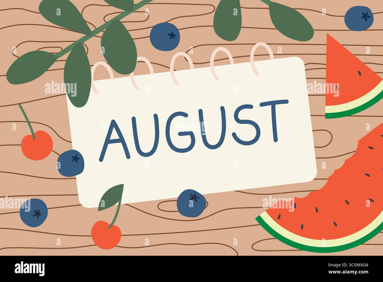 august written in a spiral notebook; summer vacation concept- vector illustration Stock Vector