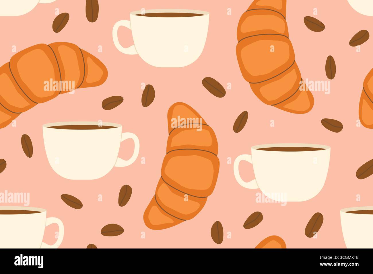 seamless pattern with coffee cups, coffee beans and croissants- vector illustration Stock Vector