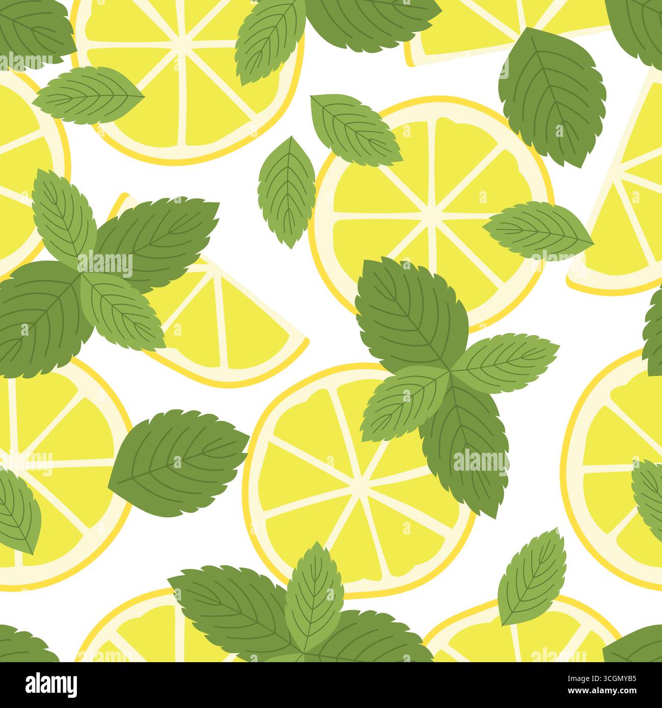 seamless pattern with lemon slices and mint leaves; cocktail, summer party background- vector illustration Stock Vector