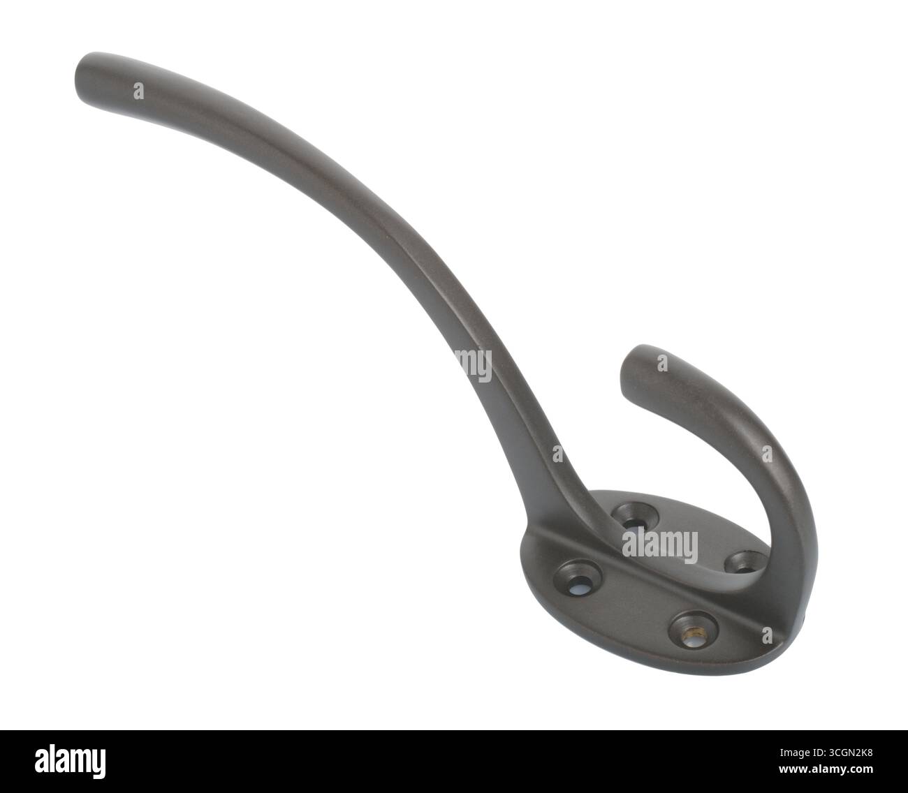 Double coat & hat hook. A back of door or cloakroom hook for hats and coats. A coat peg. A cutout, white background image of a hook. Stock Photo
