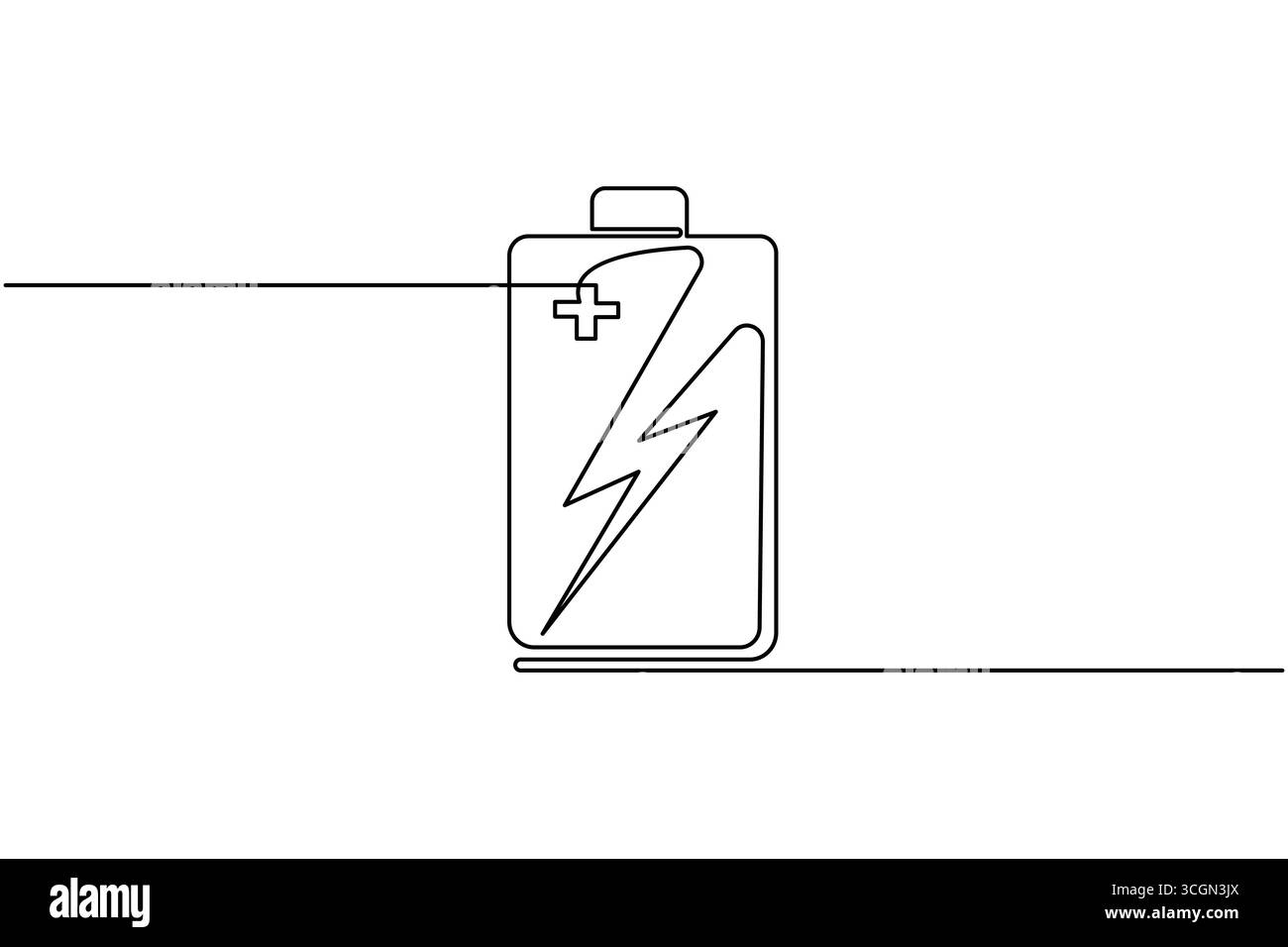 Charging battery icon continuous one line drawing with lightning bolt on white background Stock Vector